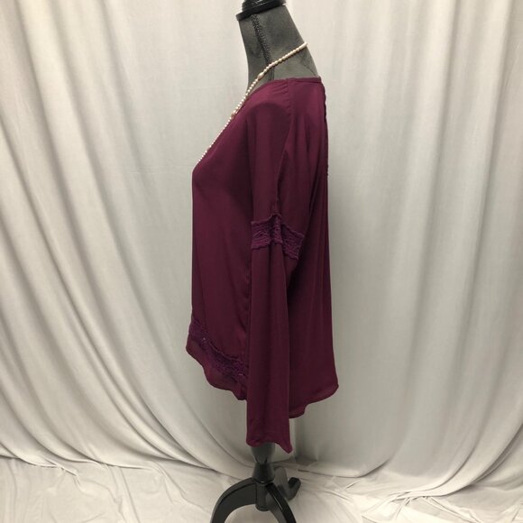 Xhilaration Top Womens Size Medium Burgundy Lace Inserts Long Sleeve Casual - Picture 3 of 6